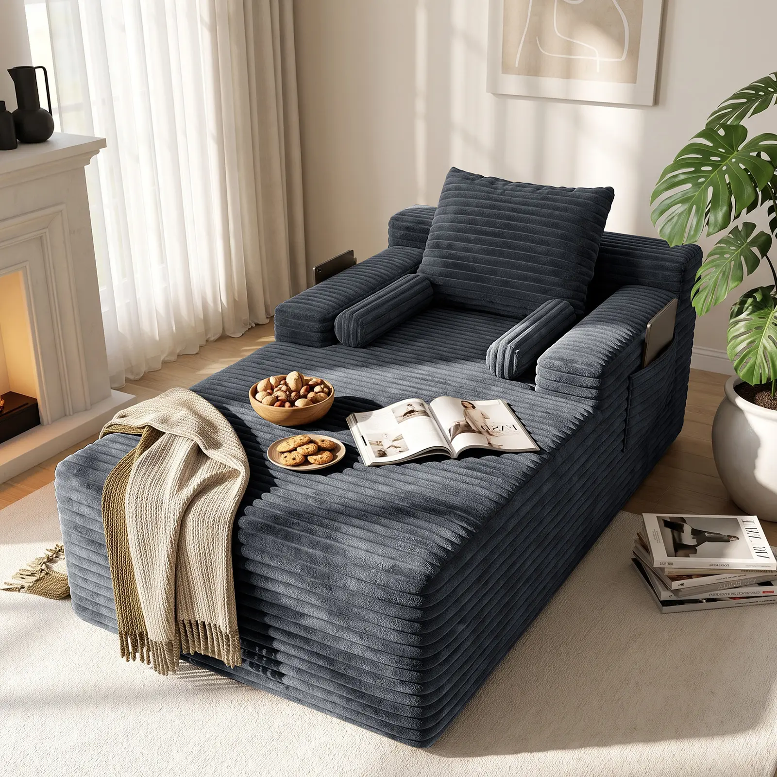 【Summer 】Oneroom 63‘’Black/Grey/Beige Boneless Chaise Lounge Sofa Bed, Luxury Plush Corduroy Upholstered Indoor Sleeper Chair with Storage Bag, Pure 45D Sponge Lazy Floor Couch, No Assembly Required, Includes 1 Throw Pillow (63"L x 40"W x 23.2"H),