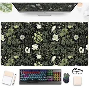Dark Green Floral Plants  Gaming Mousepad & Desk Pad - Nature Leaf Flower Laptop Keyboard Mat 24 x 14