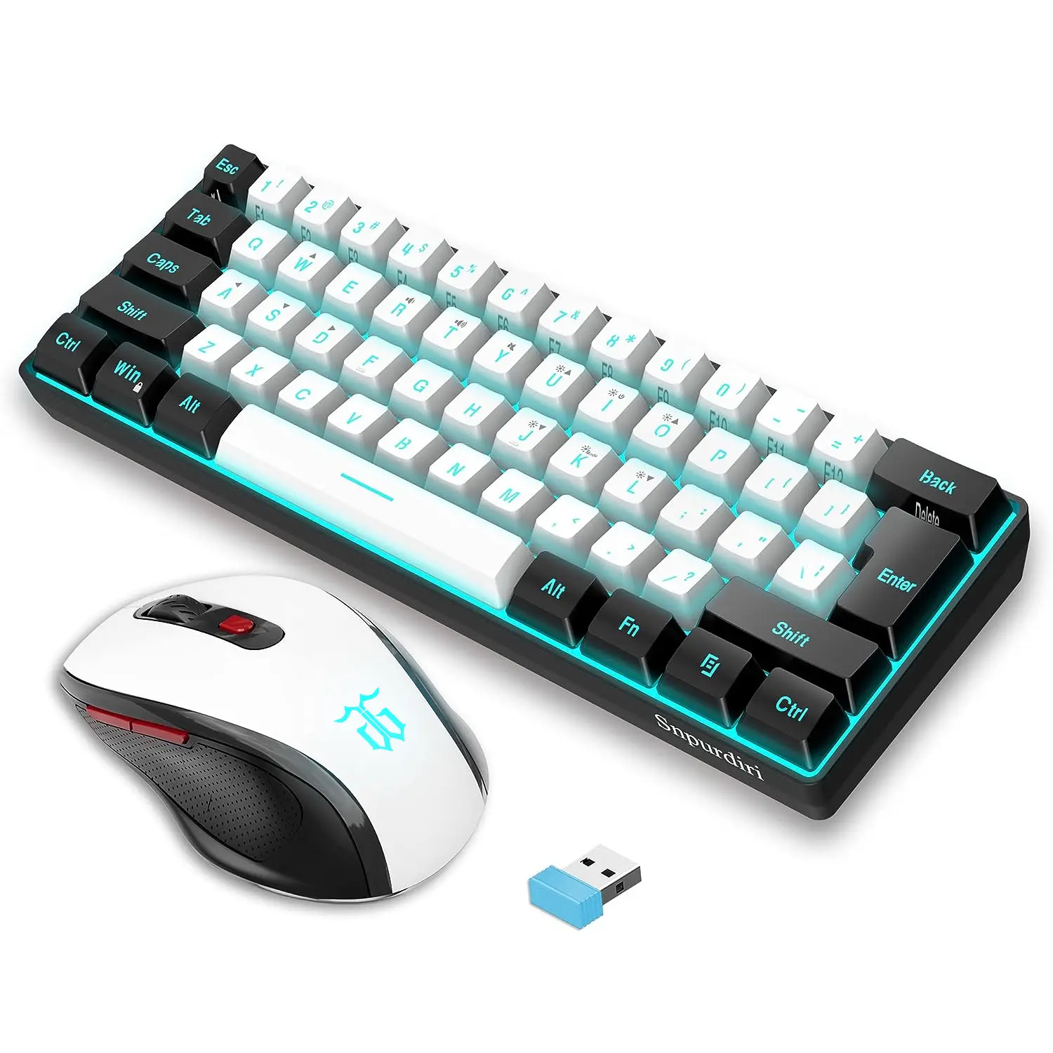 Snpurdiri 2.4G Wireless Gaming Keyboard and Mouse Combo, Ergonomic Vertical Feel Wireless Mouse, Mini 60% Mechanical Feel Keyboard (White & Black)