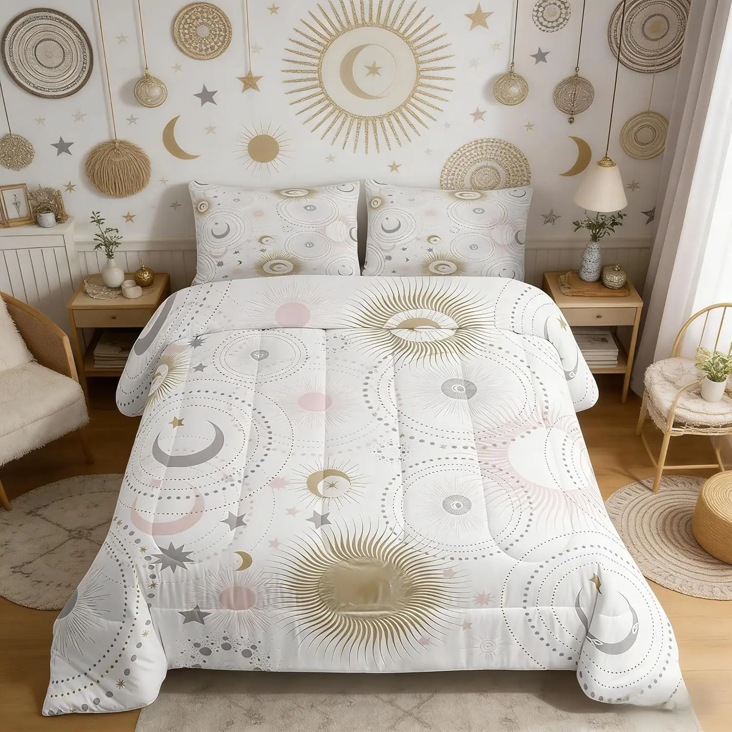 Stars and Moon Comforter Set,Pink Golden Grey Shiny Planets Duvet Set,Romantic Galaxy Universe Soft Microfiber Bedding Comforters