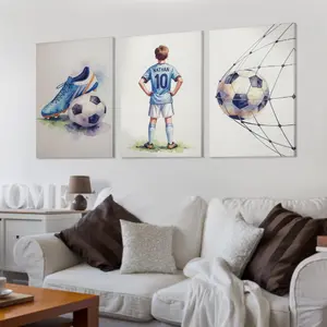 [2D Flat] 3-piece personalized name custom poster, wooden framed canvas painting, customizable football art canvas set, wall art poster home decoration, suitable for living room, bedroom