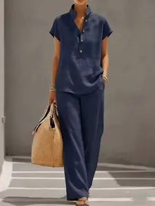 Women's Stand Collar Short Sleeve Shirt + Wide Leg Pants Set Outfit, Casual Summer, Breathable and Comfortable, Perfect for Relaxing Days