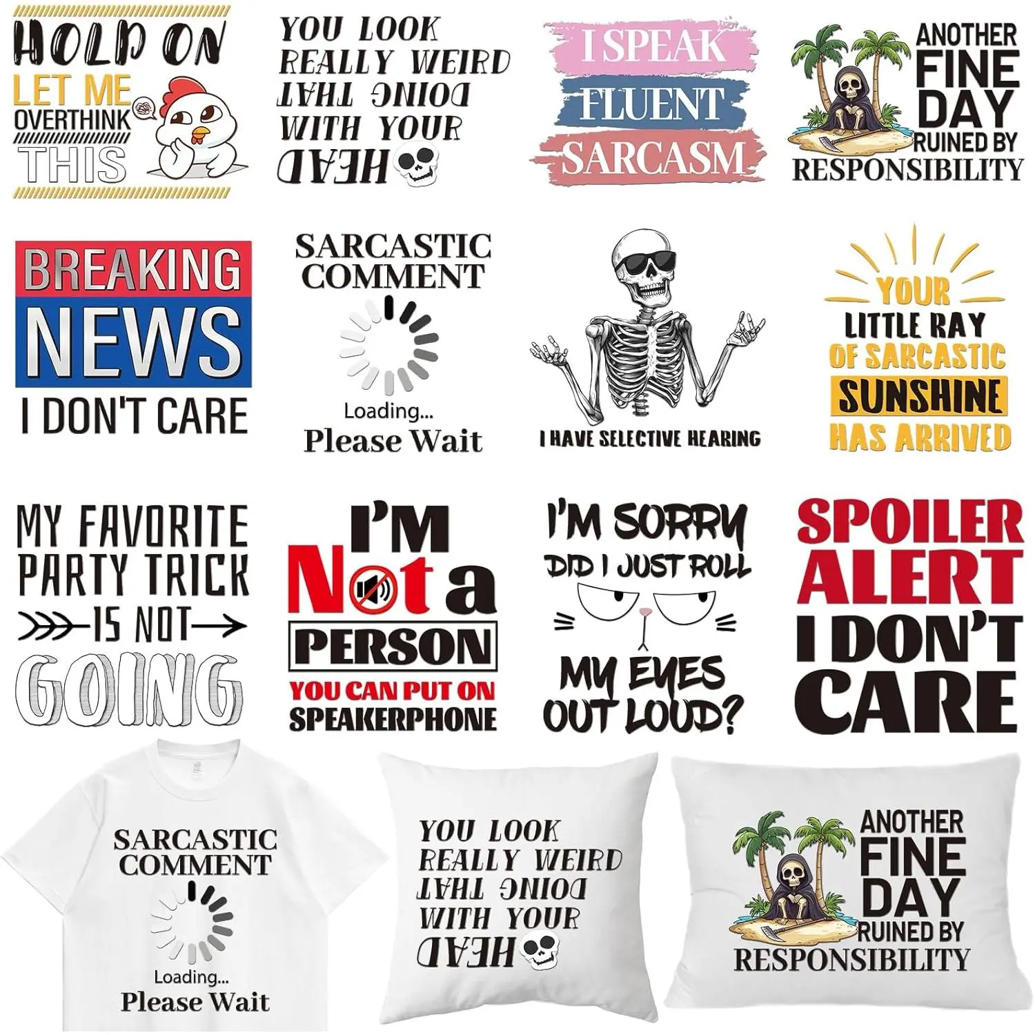 Minimalist Synthetic Humor Sarcasm-12pcs Heat Transfer Vinyl Stickers, 7.7x7.7 in Skull & Chick Iron-On for Women's T-Shirts, DIY Crafts, Cracking-Resistant, Preheat & Press at 150°C for 10-15 Seconds, Unisex