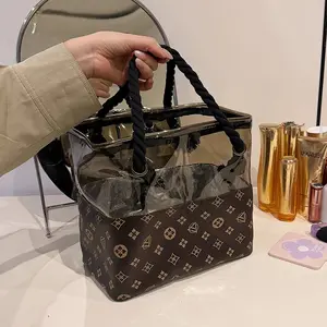 Large Capacity Handheld Makeup Bag, Trendy Semi-Transparent Printed Wash Bag, New Korean Fashion Cosmetic Storage Bag, Travel Cosmetic Bag, Makeup Organizer Pouch, Cosmetics Organizer
