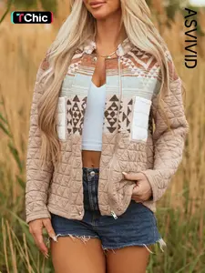 Women's Aztec Print Quilted Patchwork Jacket, Casual Elegant Western Style Stand Collar Coat, Winter Thick Outerwear with Chest Pockets, Womenswear, Fashion, Casual Fashionable Jacket