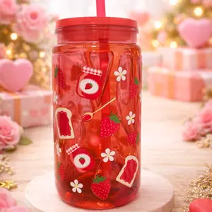 Vaso Snowglobe Acrílico com Estampas de Morango e Flores Vermelho para Bebidas