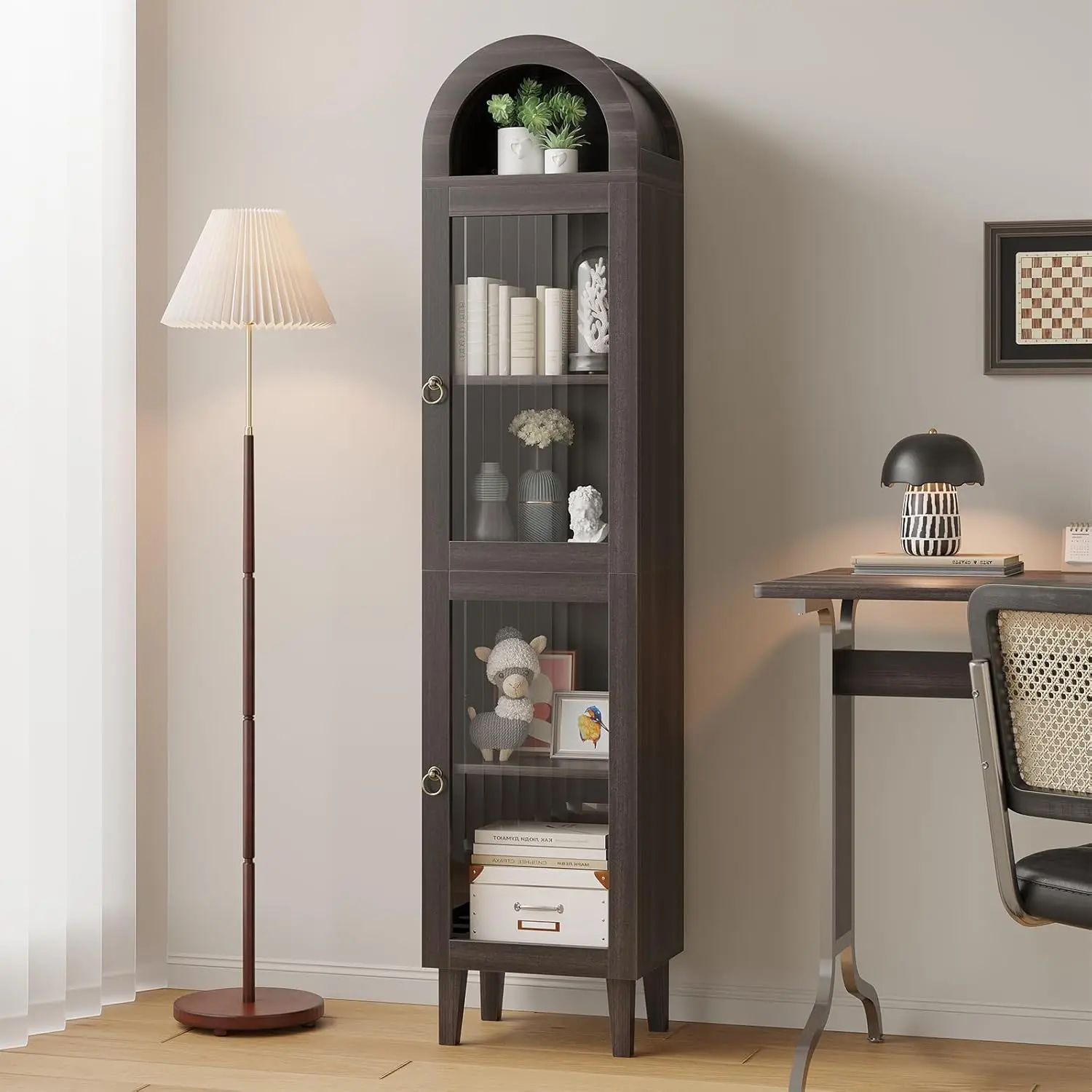 Black 71" Tall Modern Storage Cupboard with Acrylic Glass Door, Arched Curio Organizer for Collectibles & Bookish Things, Kitchen Pantry with Top-Opening Container, Home Library File Organizer