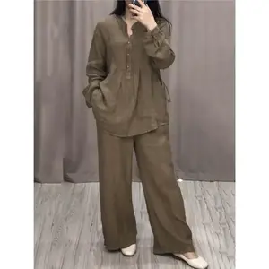 Women's 2 Piece Set Fashion Office Lady Cotton Linen Long-sleeve Casual Loose Wide-leg Pants Suit 2024 Spring Autumn Women SetsRAIMENTRY