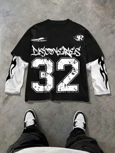 Men's Flame Print Faux Two-Piece Long Sleeve T-Shirt, Soft Comfortable Fabric, Gothic Letters, Streetwear Fashion Casual Top