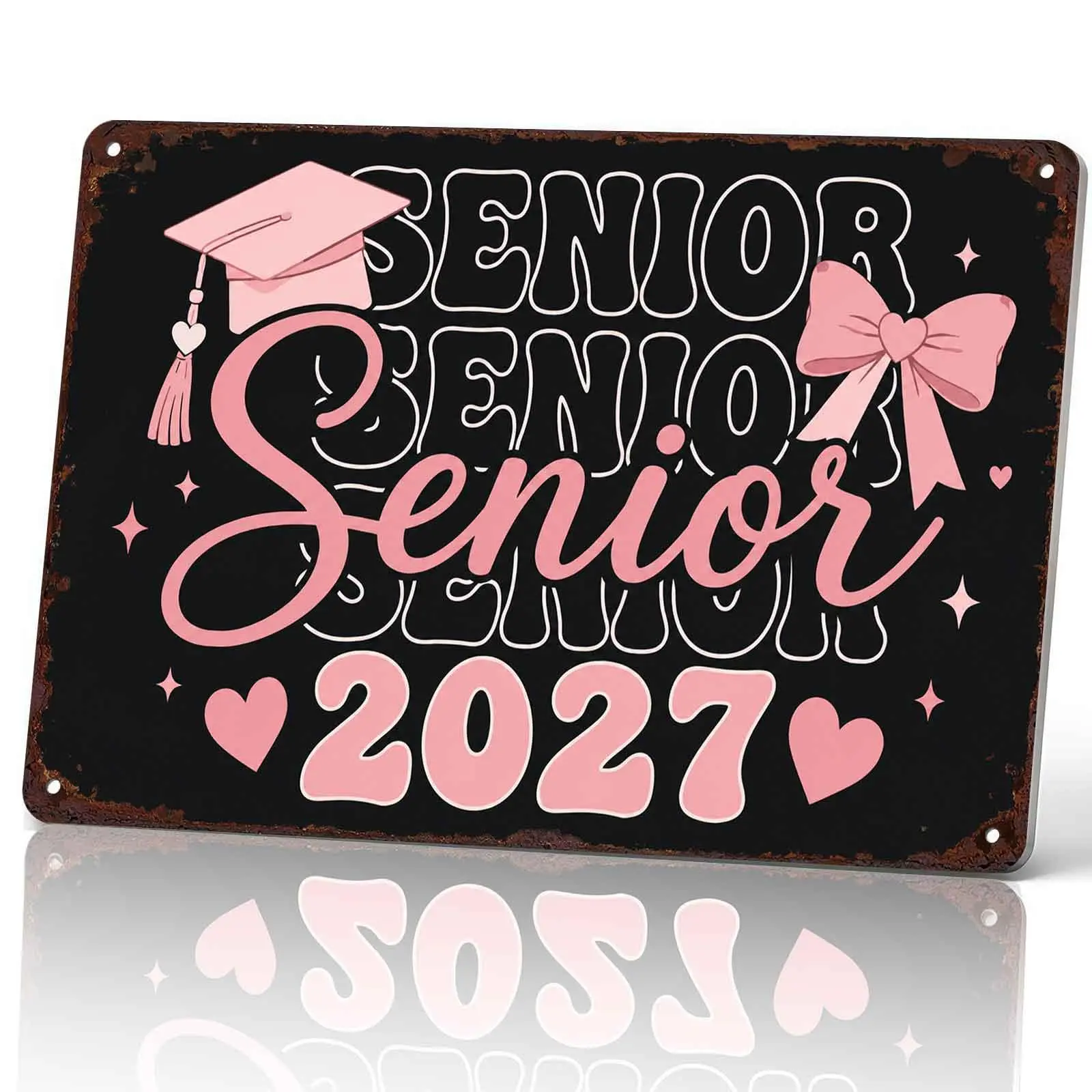 Senior Class of 2027 Pink Bow 8x12in Aluminum Metal Sign - Vintage Tin Look Wall Decor Sign for Graduation Party, Bedroom