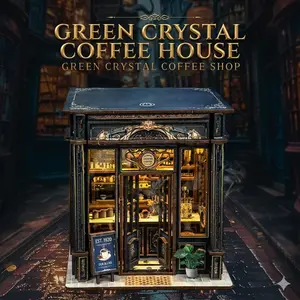 DIY Book Nook Miniature Dollhouse Kit with LED Light - Green Crystal Coffee House Wooden 3D Puzzle, Creative Bookstore Model Kit, Best Birthday Gift for Adults and Teens, Home Decor Stationery