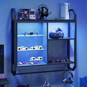 Pinmoco LED Gaming Floating Shelves, 34" Wall Mounted Shelf Pipe Shelves Hanging Display Rack Bookshelf with 6 S-Hook, Gaming Room Decor Wine Coffee Bar