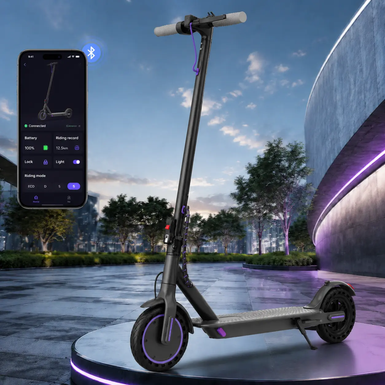 A Portable Foldable Electric Scooter for Sports & Outdoor Fitness - 350-W Motor, ~19 mph Max Speed, 8.5-In Solid Honeycomb Tires, Dual Braking System, App Control