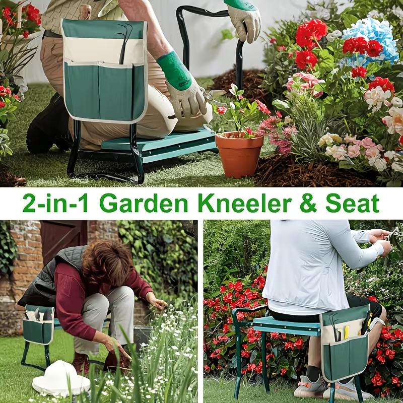 2-in-1 Green Metal Garden Kneeling Stool & Seat, Heavy-Duty Foldable Bench with Tool Pouch, EVA Foam Kneeling Pad, Portable Garden Tool Gear for Gardening & Camping