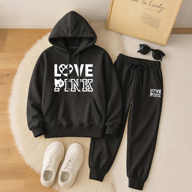 Women's Love Dog Pink Print Hoodie And Drawstring Track Pants Set, Casual Sportswear, Long-Sleeved Hooded Jacket And Pants, Suitable For Autumn And Winter, Everyday Wear, Indoor And Outdoor Sportswear, Casual Sportswear. Women's Love Dog Pink Print Hoodie And Drawstring Track Pants Set, Casual Sportswear, Long-Sleeved Hooded Jacket And Pants, Suitable For Autumn And Winter, Everyday Wear, Indoor And Outdoor Sportswear, Casual Sportswear.