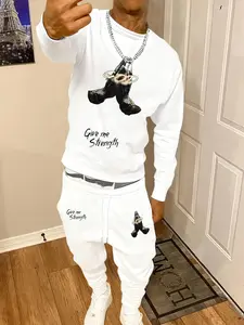 Men's Fall Winter Prayer Hand Print Hoodie Set, Round Neck Sweatshirt + Waist Drawstring Pants, Casual Daily Wear, Street Style