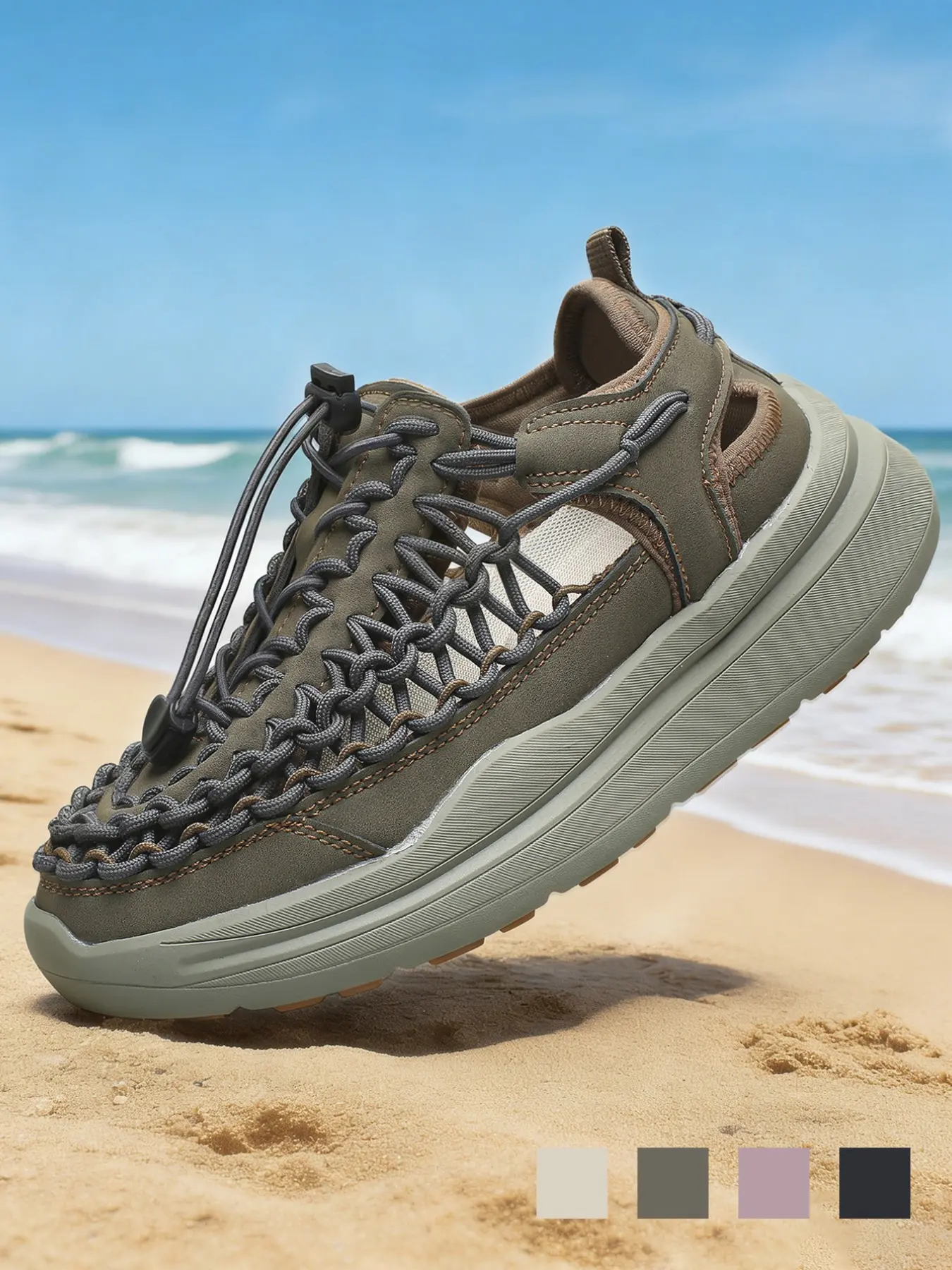 Men's Rope Woven Fisherman Sandals with Bungee Lacing, Lace Up Sandals, Lightweight Cushioned Non-Slip Outdoor Sandals, Breathable Hiking Trail Sandals for Summer Beach Vacation, Comfy Sandals, Casual, Adjustable Sandals