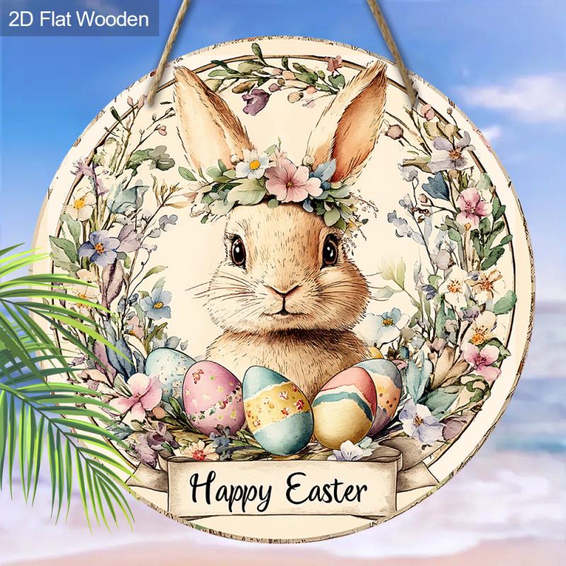1PC Retro Easter Decoration - Floral Bunny and Pastel Egg Hanging Ornament - Happy Easter Sign - Large Size 7.87inch / 20cm Home, Party, Cafe Wall Decoration - No Electricity Required - Pastel Color Tone - Easter Gift Idea, Bunny Decoration