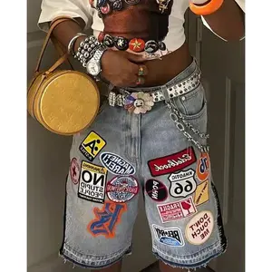 American Retro Denim Shorts Y2K Jeans Harajuku Hip Hop Cartoon Embroidery Retro Baggy Shorts Low Waist Sports Basketball Shorts