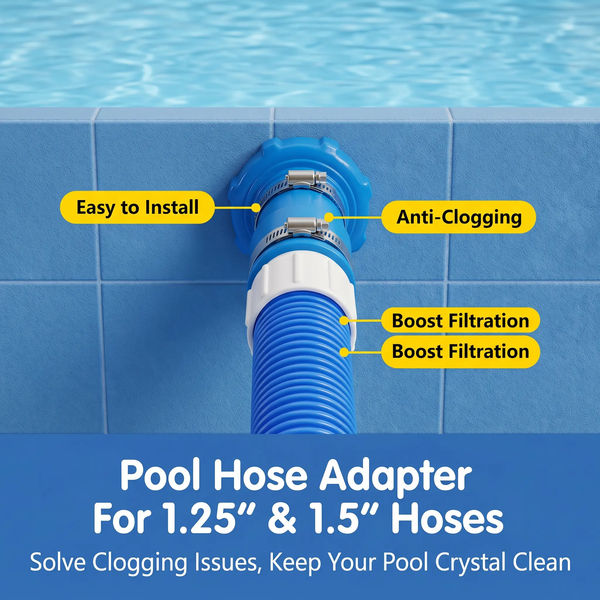 Above Ground Pool Pump Hose Adapter with Metal Clamps - Universal Pool Filter Connector, Easy-Install Replacement Part for Home Utility Use