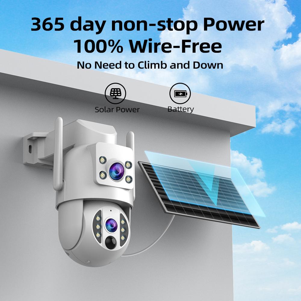 JOOAN Solar WiFi cctv Security Camera 2K HD Outdoor Wireless Camera with Spotlight PIR Motion Detection Color Night Vision Waterproof IP66 Dual Lens 360° PTZ No Blind Spot Auto Tracking Two-Way Audio Siren Alarm Alexa Compatible