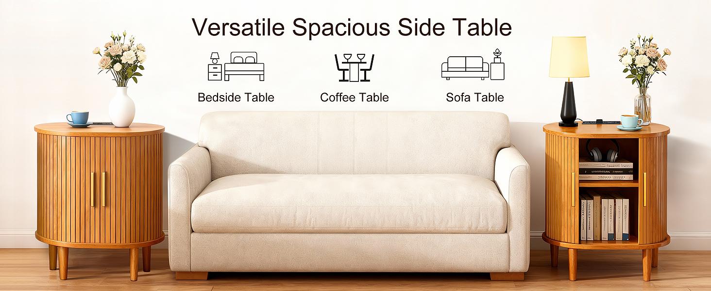 DHH Modern Yellow Oak Oval Nightstand with Charging Station, Aesthetic Bedside Table with Power Outlets, Versatile Fluted End Table for Living Room, Bedroom & Entryway