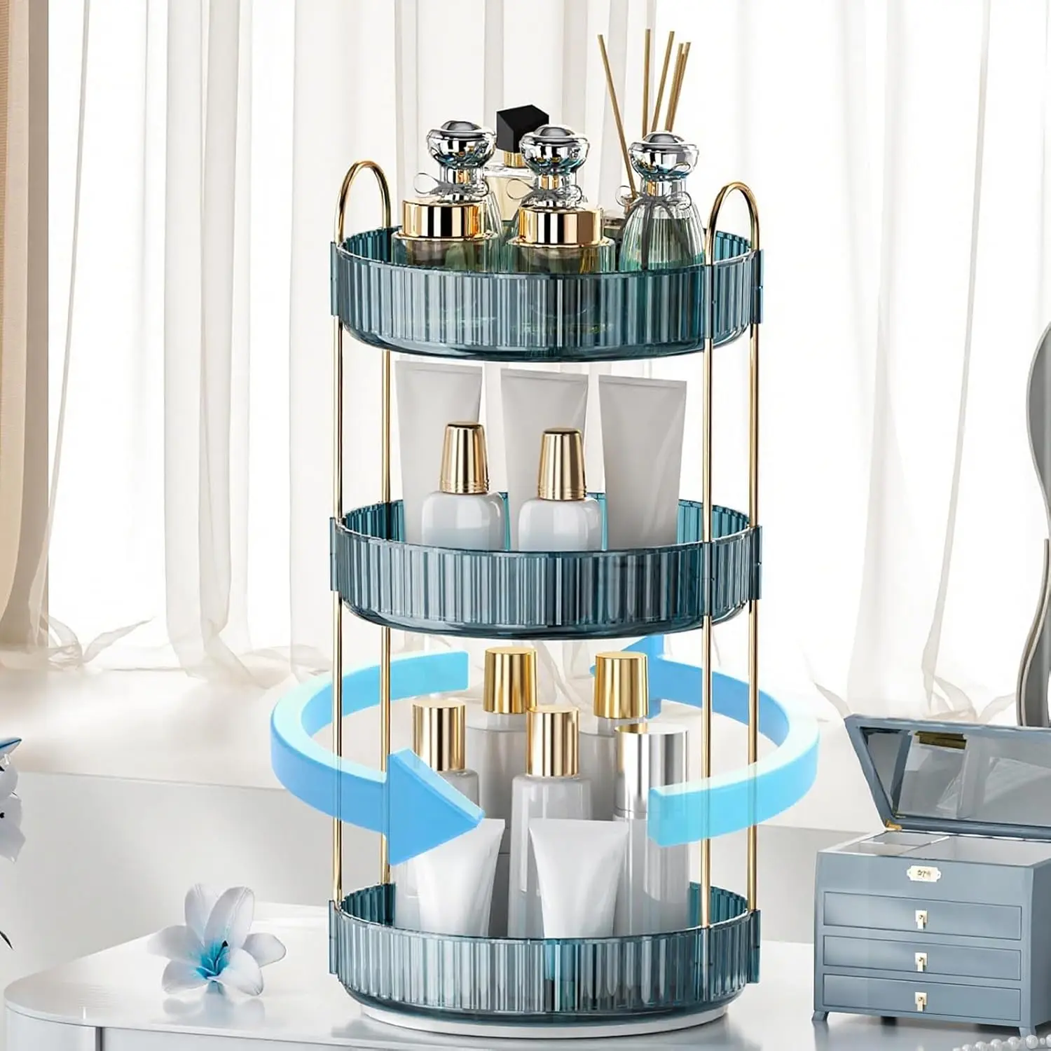 Blue 3-Tier 360-Degree Rotating Modern Makeup Organizer - Transparent Plastic & Metal Dresser Boxes, Synthetic Material, Easy to Pick Up Vanity Shelf for Perfume, Skincare - Bathroom Countertop Storage Holder (Birthday Gift Option)