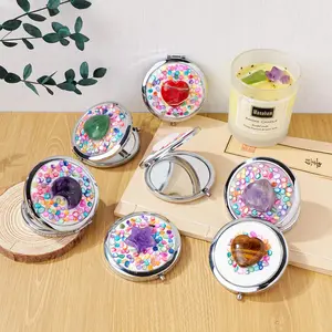 Natural Crystal Circular Mini Makeup Mirror Amethyst Heart Design, Portable Vanity Decor, Unique Birthday Gift for Girls