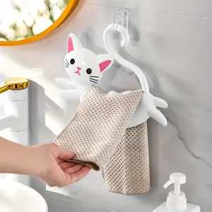 Cartoon Cat Pattern Towel Rack, No Drilling Wall Mounted Plastic Storage Hook, Bathroom Organizer, Plastic Hooks, Suitable for Bathroom Towels and Accessories