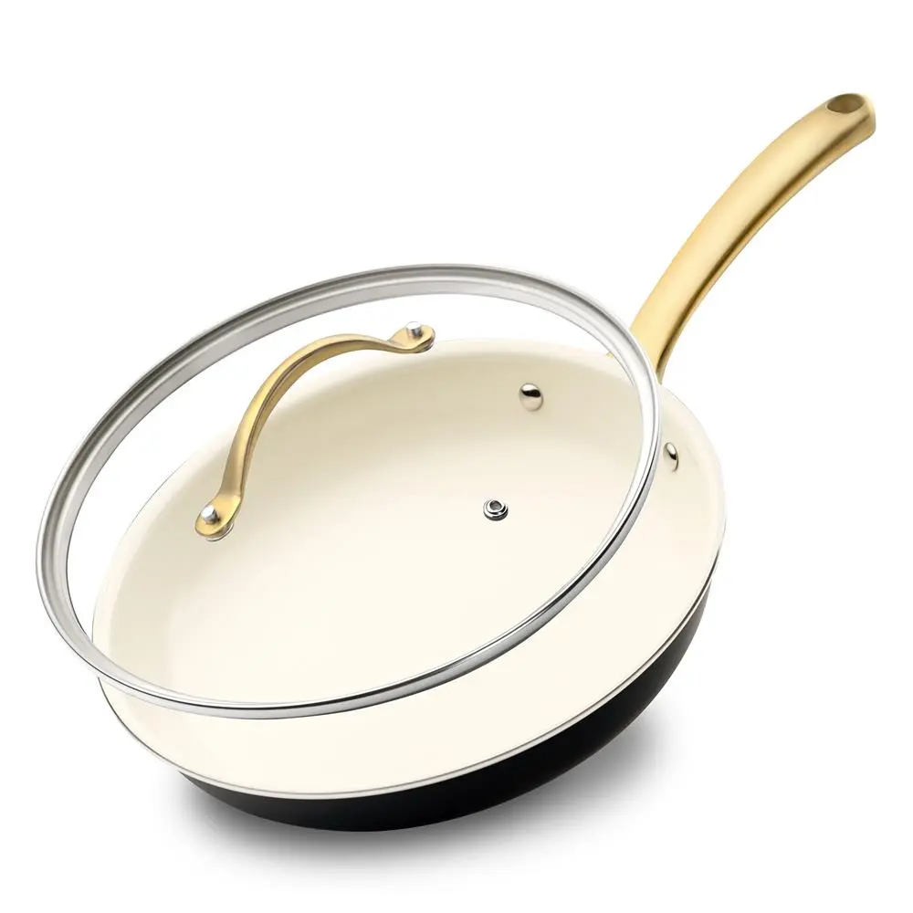 10" Non-Stick Frying Pan with Lid & Titanium Handle - Golden | Medium Skillet with Induction Base - Food-Grade Safe & Stain Resistant - Gas, Electric & Ceramic Safe Cooktops - Kitchen Cookware
