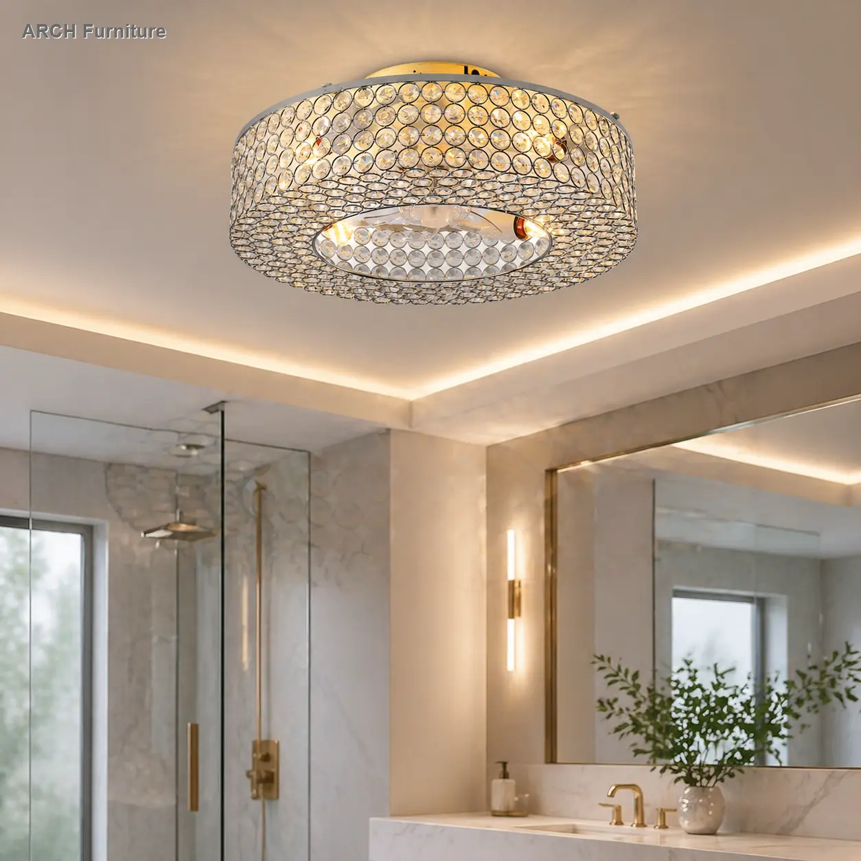ARCH 19.6'' Crystal Ceiling Fans with  Remote,  Flush Mount Ceiling Fan with Light,  Chandelier Fan 6 Speed DC Motor Reversible Ceiling Fan For  Living Room Bedroom.--NOT INCLUDED BULB