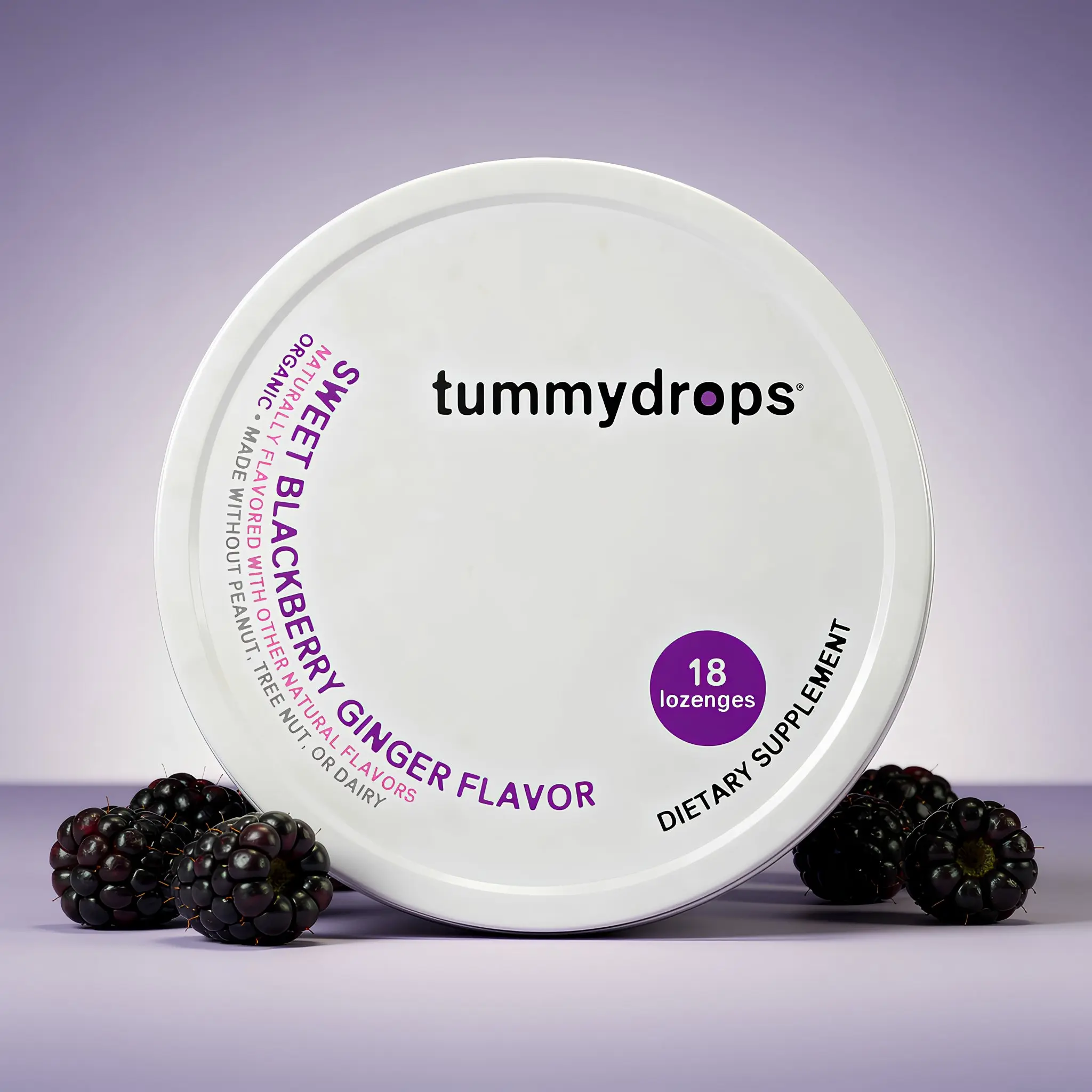 Tummydrops Organic Blackberry Ginger Flavor Tummydrops, Gluten Free Certified, Vegan, Nothing Artificial, 18 Drops in Recyclable Tin Gluten Free GMO Free Organic Dairy Free