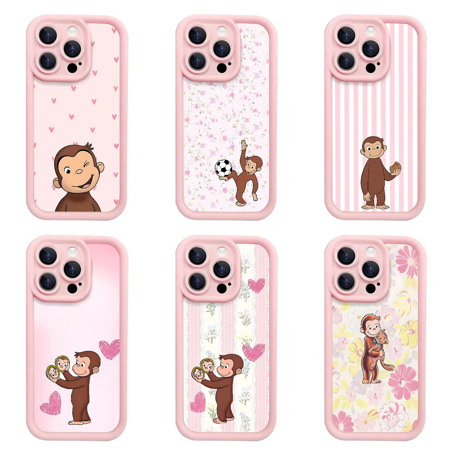 Curious George Cartoon Pink Floral TPU Phone Case - Cute Monkey Design, Heart Stripes, Waterproof, Durable Shock-Resistant Protection Shell for iPhone 17 Pro Max,16,15,14,13,12,11 & Samsung S21,S22,S23,S24,S25 Cute Phone Accessories