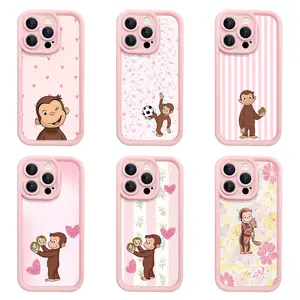 Curious George Pink Floral Phone Case, Cute Cartoon Monkey Cover with Heart Stripes for iPhone 17 Pro Max,16,15,14,13,12,11 & Samsung S21,S22,S23,S24,S25 Smartphones, Cellphones, Handheld Devices & Accessories