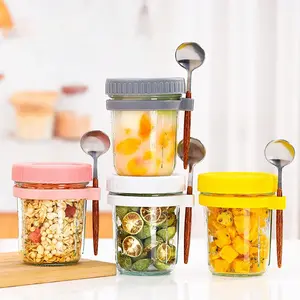 16oz Airtight Anti-Leak Clear Glass Storage Jars With Sealed Lids,Matching Spoon & Detachable Removable Silicone Dividers,Stackable Portable Glass Canister Containers Perfect for Overnight Oats,Chia Pudding,Yogurt,Nuts,Granola,Dry Snack,Pantry