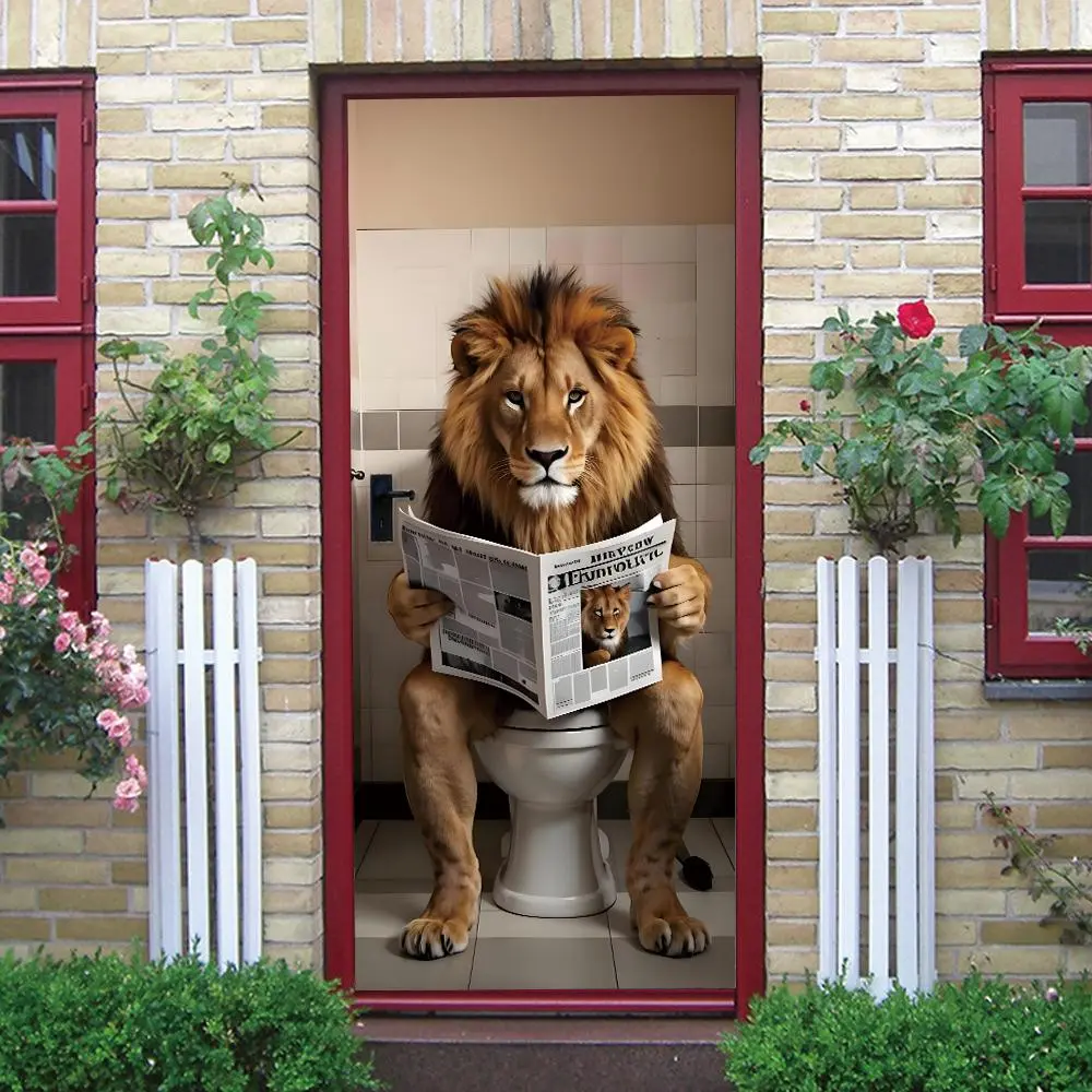 Lion Pattern Door Sticker, 3D Animal Pattern Self-adhesive Waterproof Door Sticker, Decorative Sticker for Home Bathroom Living Room Bedroom, Ornaments