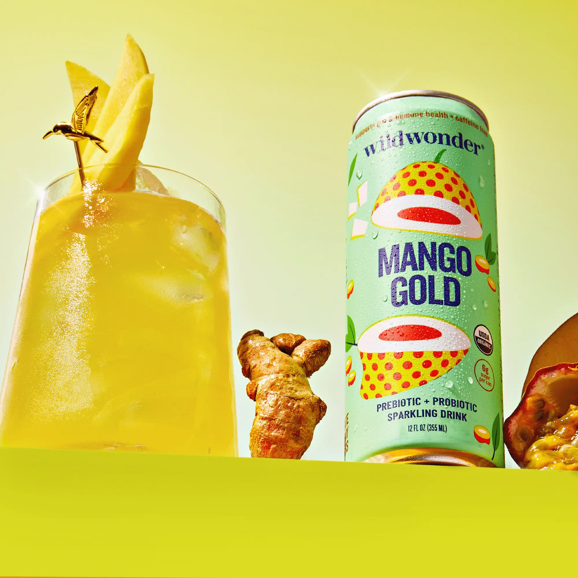 wildwonder Sparkling Probiotic Drink For Gut Health & Immune Support, Mango Gold, 5g Prebiotic Fiber, Live Probiotics, Organic, Vegan, Low Sugar, 12oz Can, As Seen on Shark Tank  Fruit Beverage