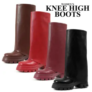Womens Knee High Boots Rounded Toe Chunky Block Heels Side Zipper Fashionable Working Outing Concert Party Festival Comfy Spring  Boot