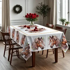 1pc Watercolor Horse Floral Rectangle Tablecloth, Horse Pattern Table Cover, Perfect for Spring Summer Decor, Ideal for Kitchen, Dining, Yard, Patio, Horse Home Decor