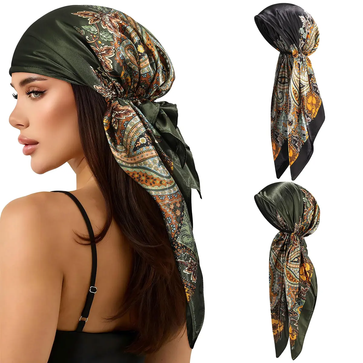AWAYTR 2-Pack Fashion Hair Scarves for Women, Pre-Tied Soft Polyester Turban Headwraps, Stretchable Full Coverage for Chemo & Hair Loss