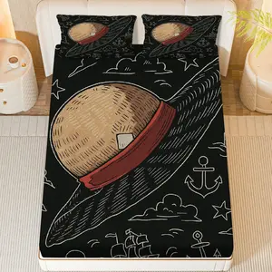 3Pcs Nautical Anime  Fitted sheet Three Piece Set (1*Fitted Sheet+2*Pillowcases, Coreless), Adventure theme, Pirate Ship Bedding Set, Mattress protector Soft, Breathable, Decorative Bedsheet Sets, Bedroom Bedding Set