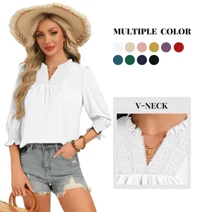 Funlingo Blouses for Women Dressy Casual 3/4 Length Sleeve Tops Ruffle V Neck Lace Shirt with Smocked Cuffs