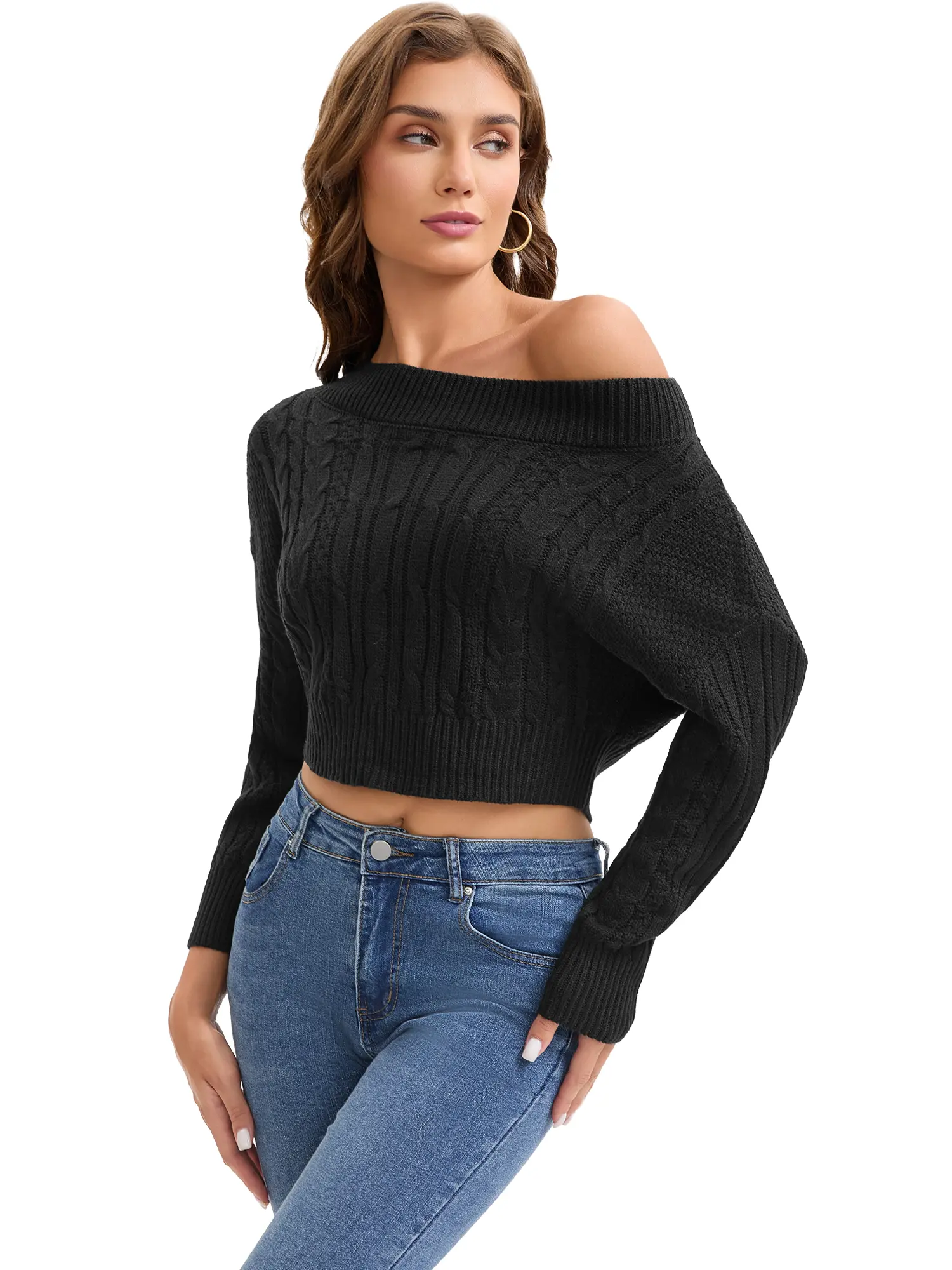 ATHLECHIC Women's Off the Shoulder Sweater Cable Knit Cropped Sweaters Batwing Long Sleeve Pullover Tops Fall Fashion Outfit