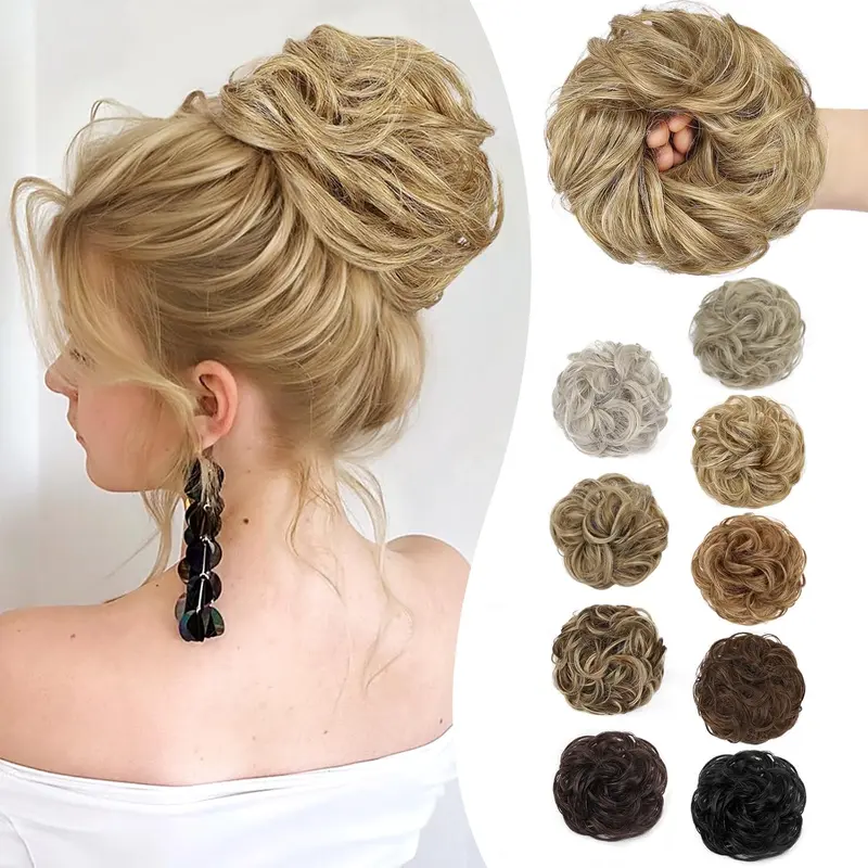 HIUSVO Messy Bun Hair Piece Elastic Wavy Curly Fake Hair Bun Scrunchies Extensions Thick Synthetic Chignon Updo Hairpieces for Women Girls