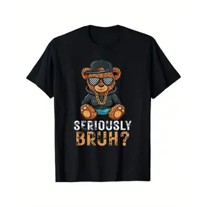 Seriously Bruh Hip Hop Graphic T-Shirt for Teen Boys - Black Relaxed Fit Streetwear with Cool Teddy Bear Fashion Glasses & Chains Design, Machine Washable Casual Crewneck Top, Hip Hop T Shirt, Teenage Clothing, Playful Design, Bold Print Shirt