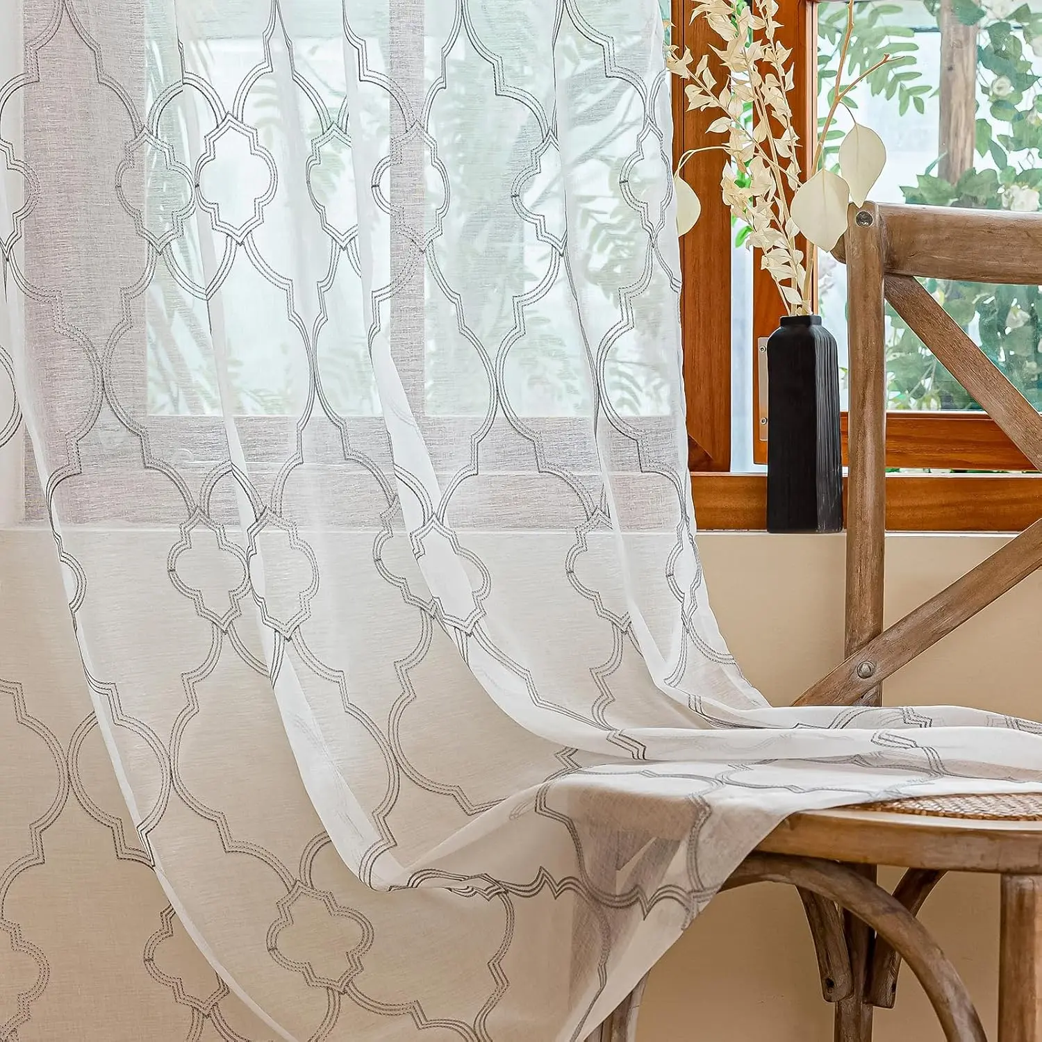 2 Panels Moroccan Geo Embroidered Farmhouse Semi Sheer Curtains Faux Linen Voile for Living Room Bedroom Window  White Light Gray 53 x 63 Inch