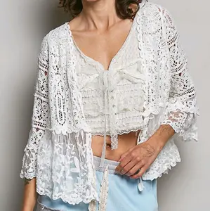 100% Cotton Lace Short-Sleeve 1-Size Women's Cardigan Elegance