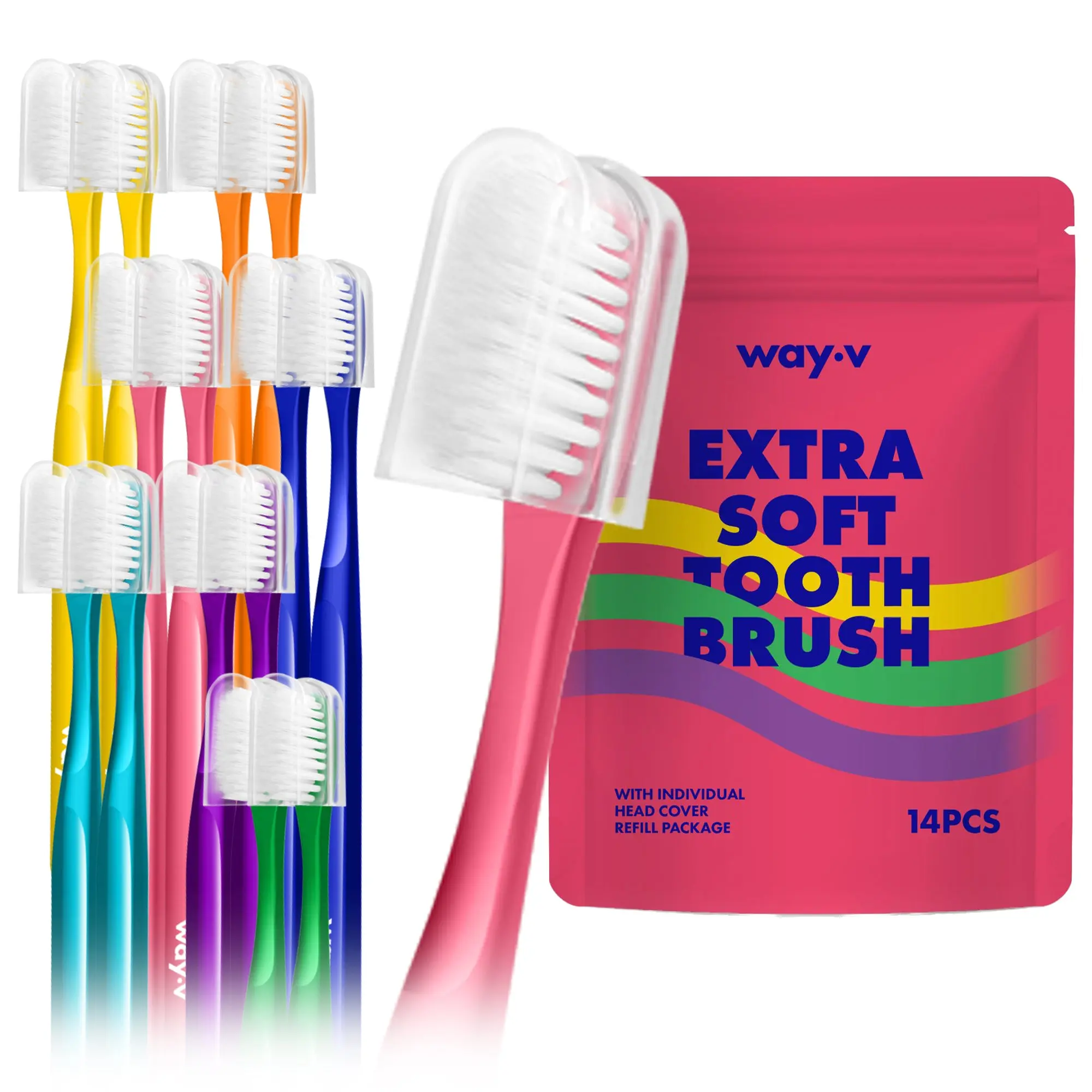 WAY.V Extra Soft Toothbrush for Sensitive Gums and Teeth - 14pcs Zip Lock Pack Pink