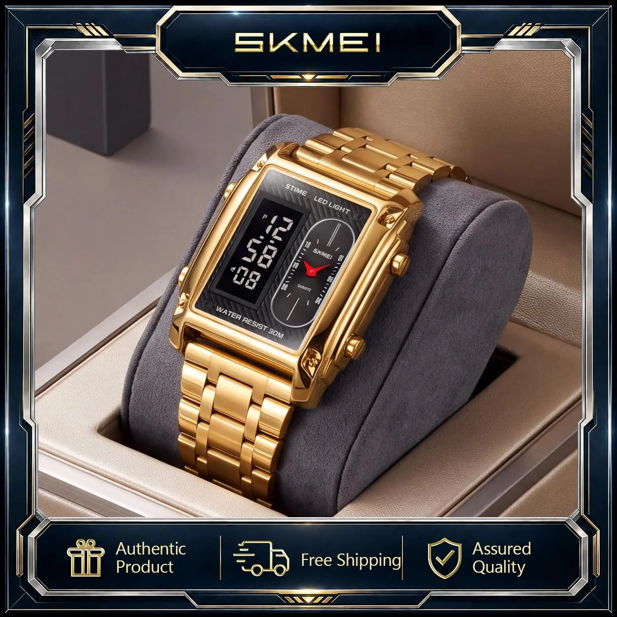 SKMEI Men's Rectangular Analog-Digital Wrist Watch - Zinc Alloy Case, LCD Display, 3 Time Modes, Stopwatch, Alarm, LED Backlight, Stainless Steel/Leather Band, 30M 3ATM Splashproof for Business & Sport Use
