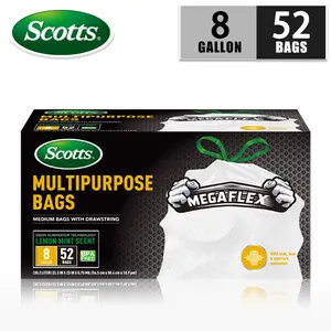 Scotts 52-Count 8 Gal Sturdy Trash Bags, Non-Tear Puncture-Resistant Leak-Proof Drawstring Bags with Odor Eliminator Tech, Fresh Lemon Mint Scent, Multipurpose for Kitchen/Toilet, Easy-to-Use Home Supplies